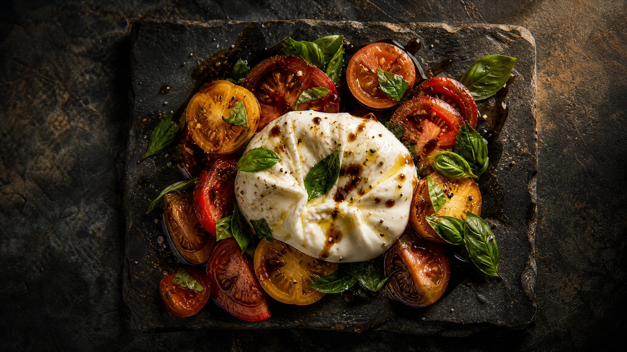 Freshly plated gourmet dish on a dark slate background